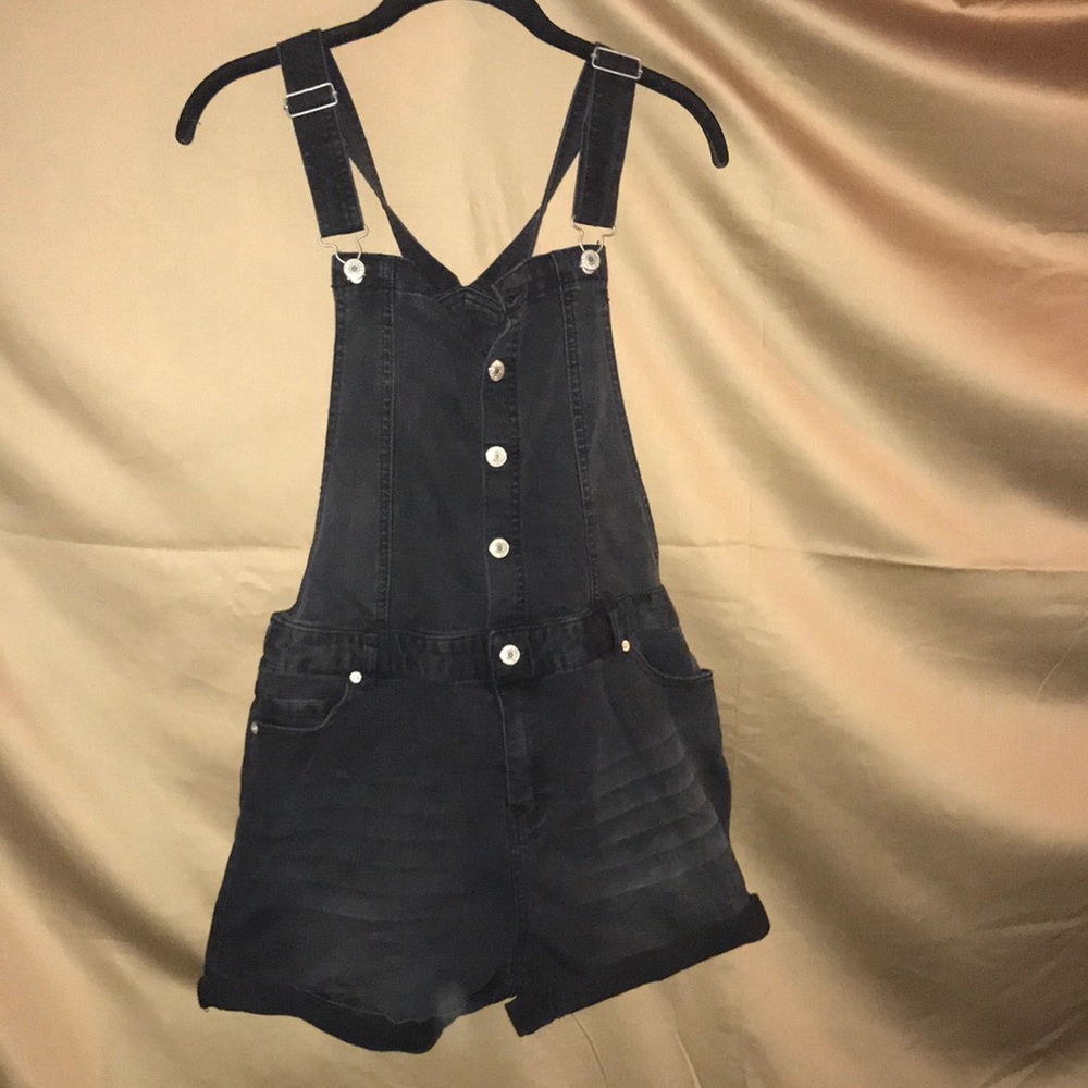 Black denim overall shorts